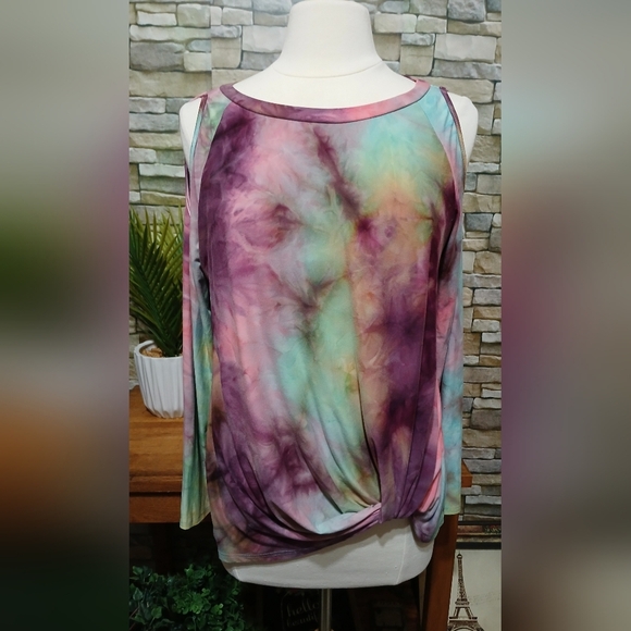 White Birch Tie‎ Dye Cold Shoulder Soft Stretchy Top Long Sleeved Scrunch Large - Picture 1 of 4
